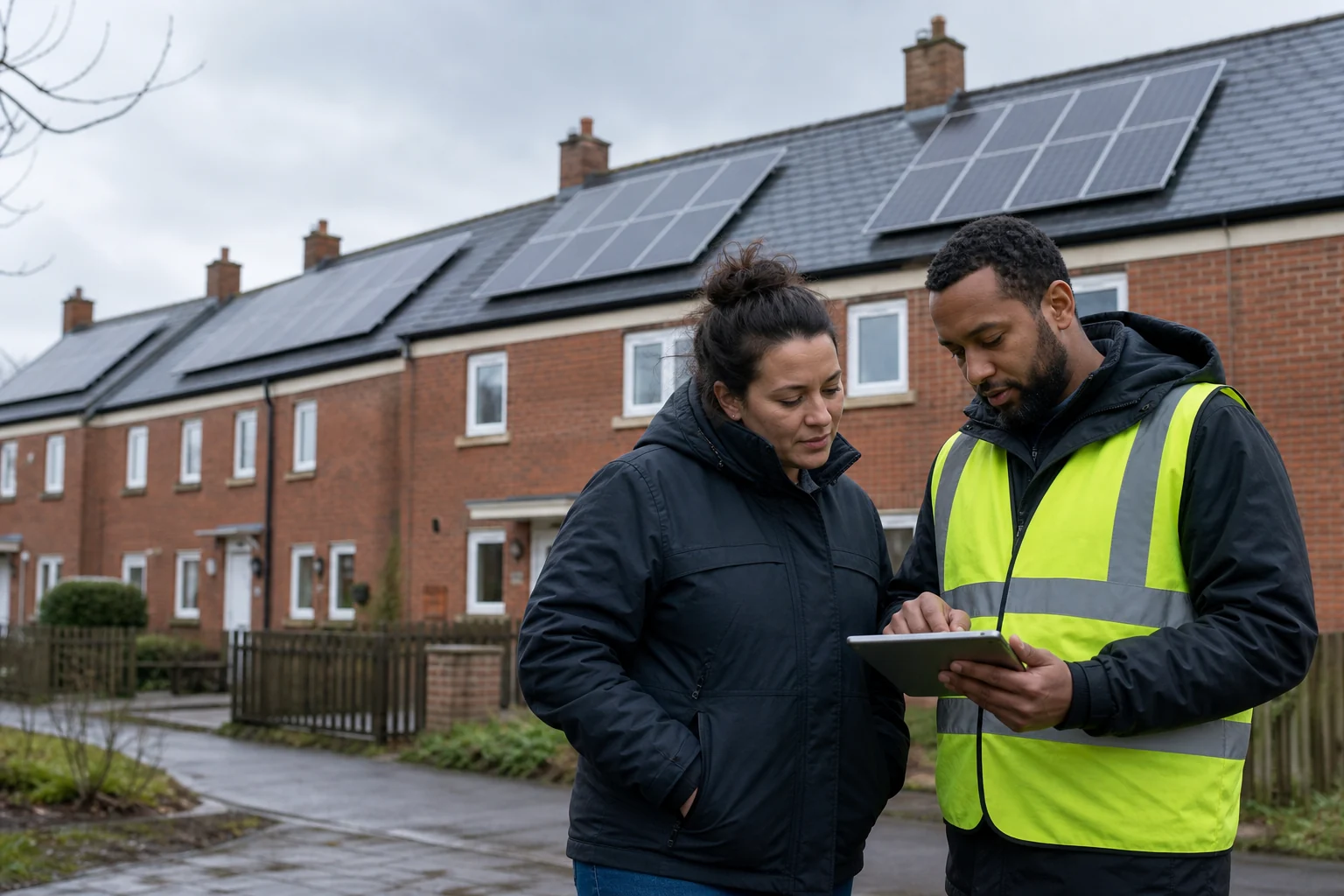 Housing asset manager and solar survey engineer reviewing a UK housing estate
