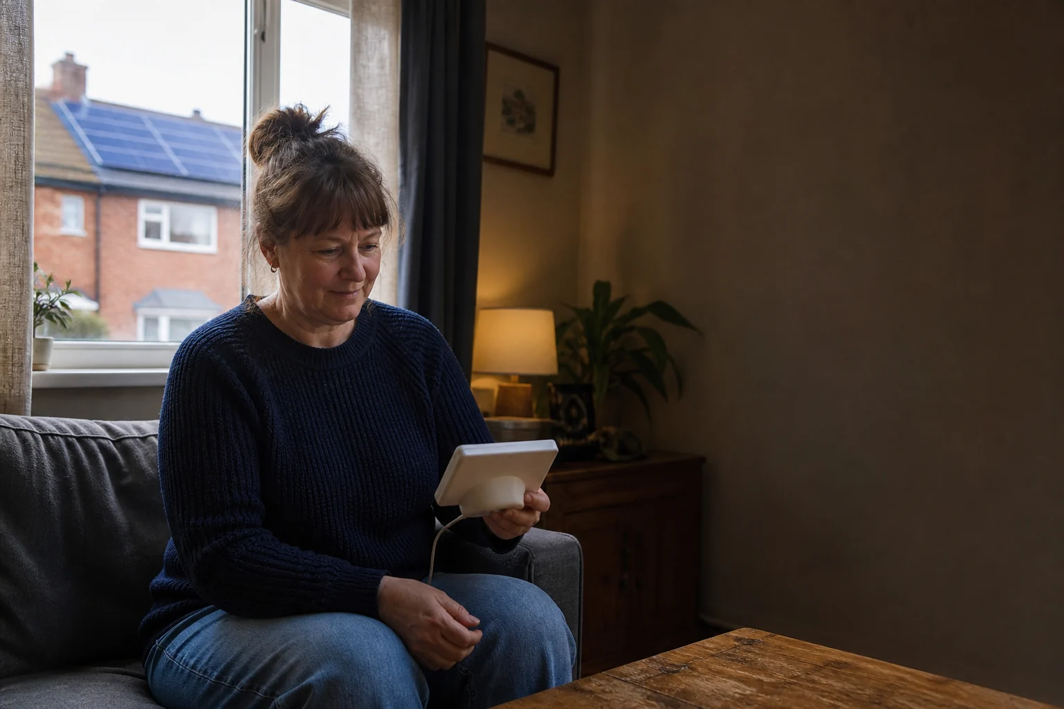 UK housing association tenant viewing a home energy display after a solar upgrade