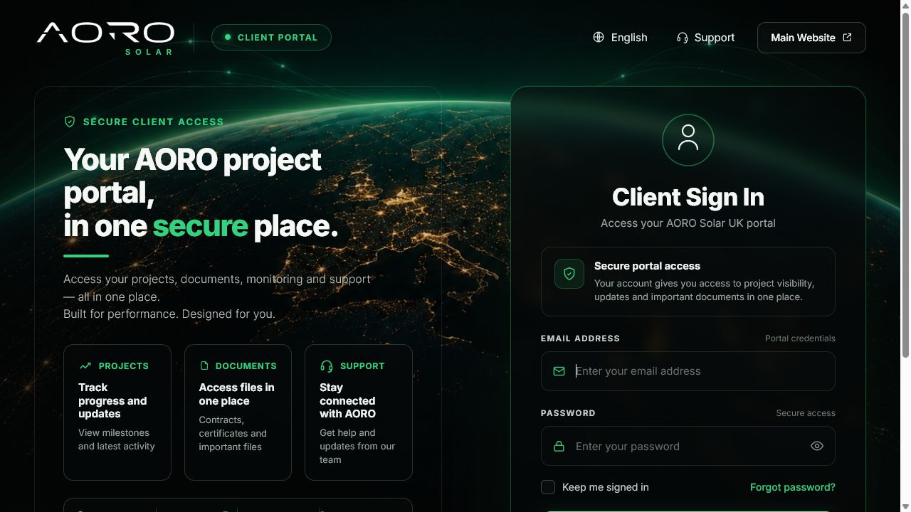 AORO OS client portal showing a connected project view